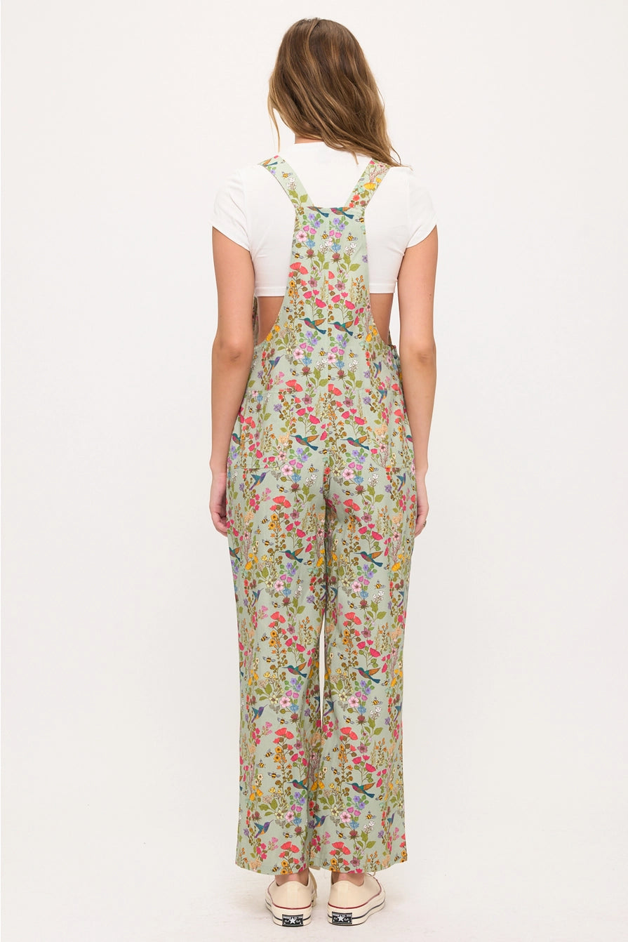 Mint Floral Hummingbird Print Overalls