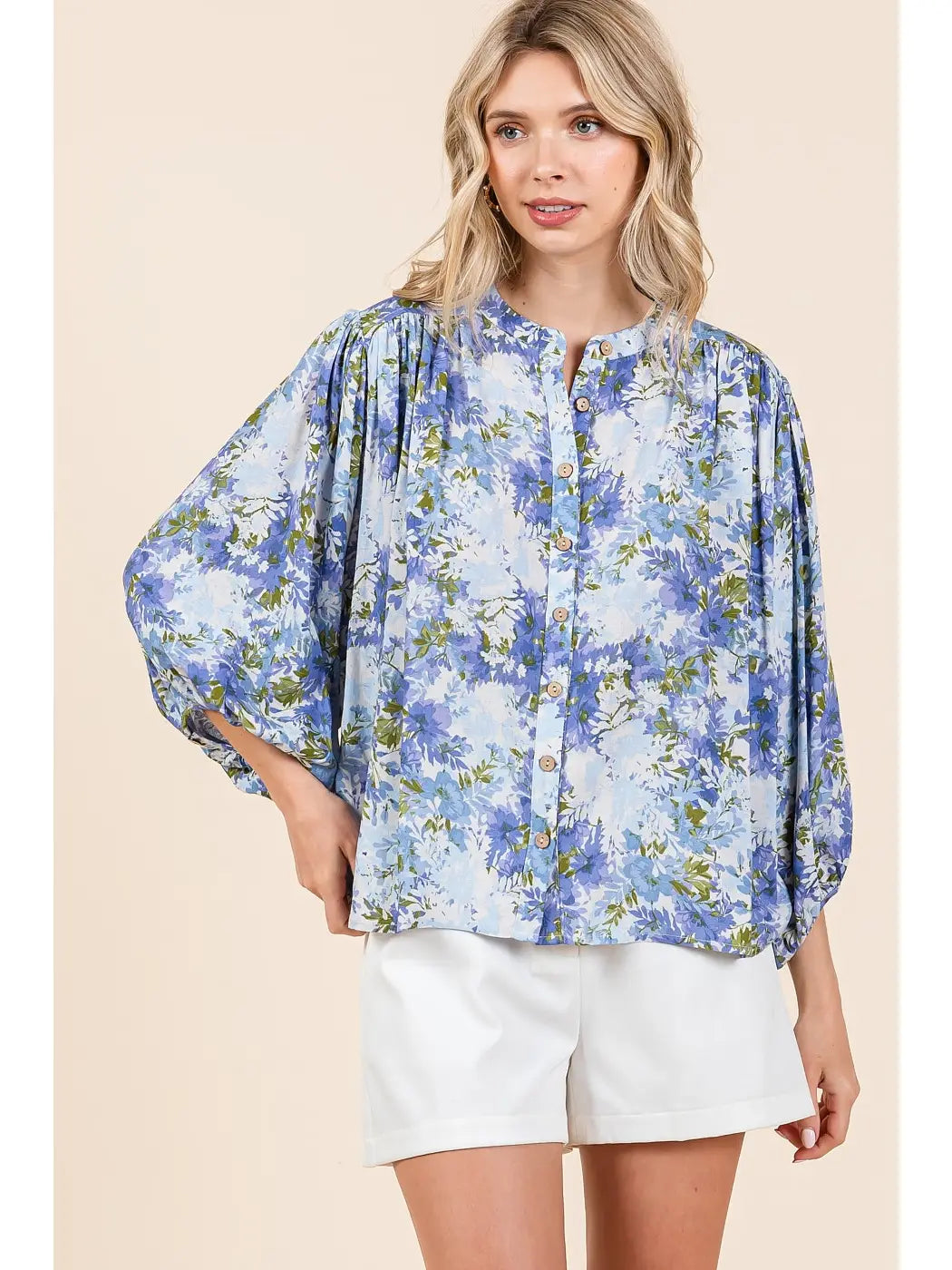 Blue Floral Batwing Blouse