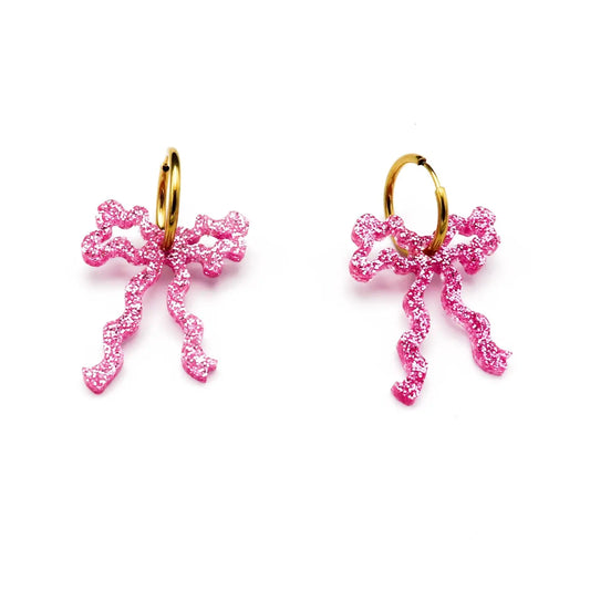 Glitter Pink Bow Hoop Earring