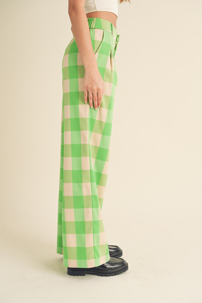 Green Apple Wide Leg Plaid Trousers