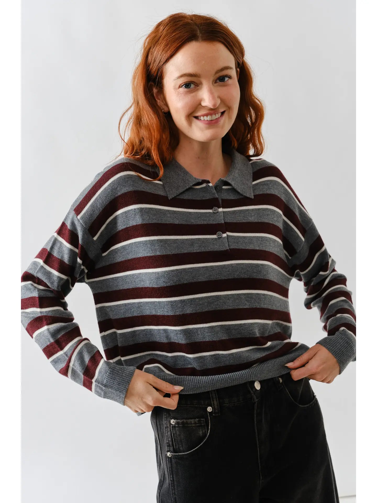 Grey Burgundy Stripe Polo Sweater - Main Image