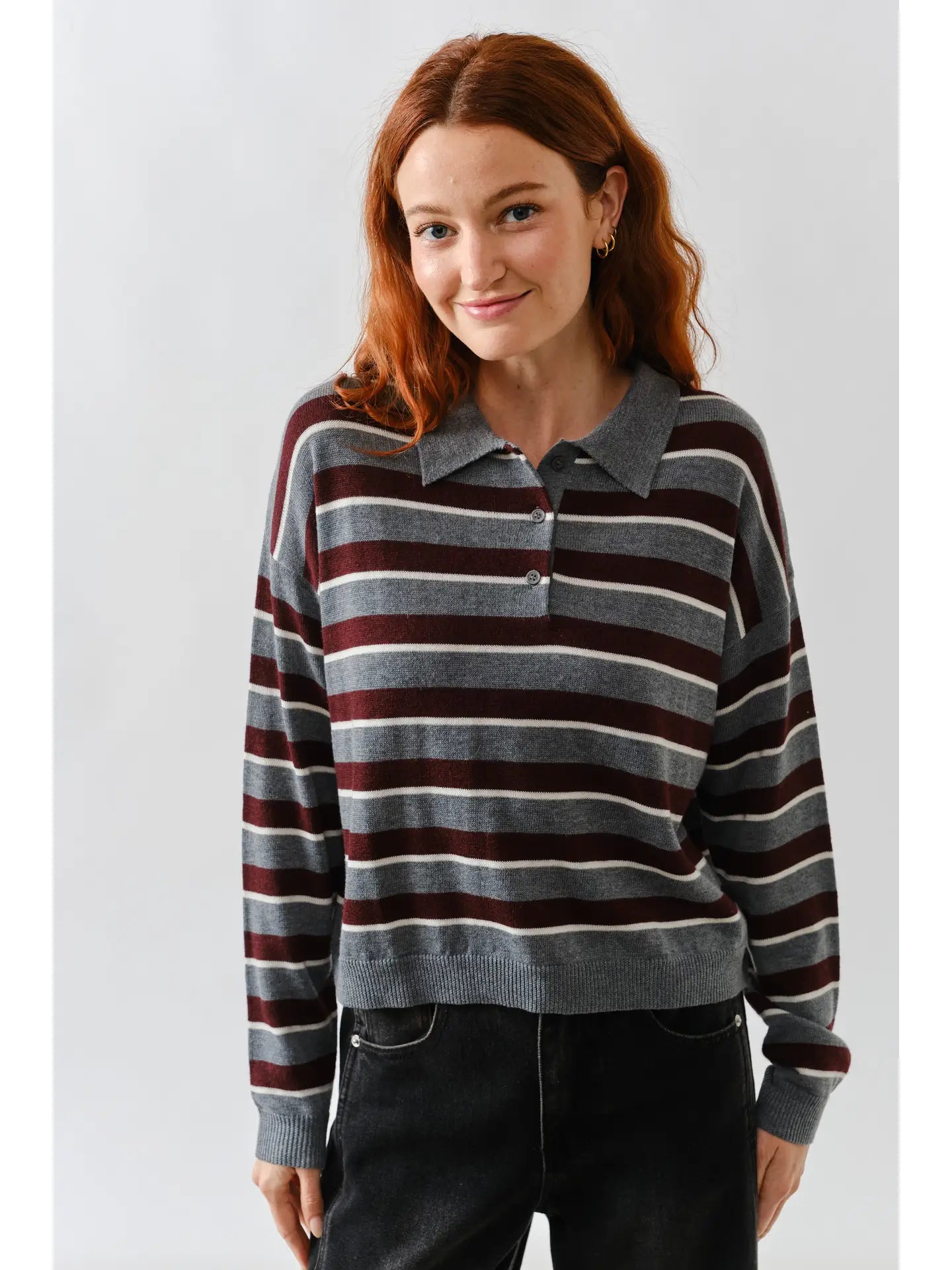 Grey & Burgundy Stripe Polo Sweater