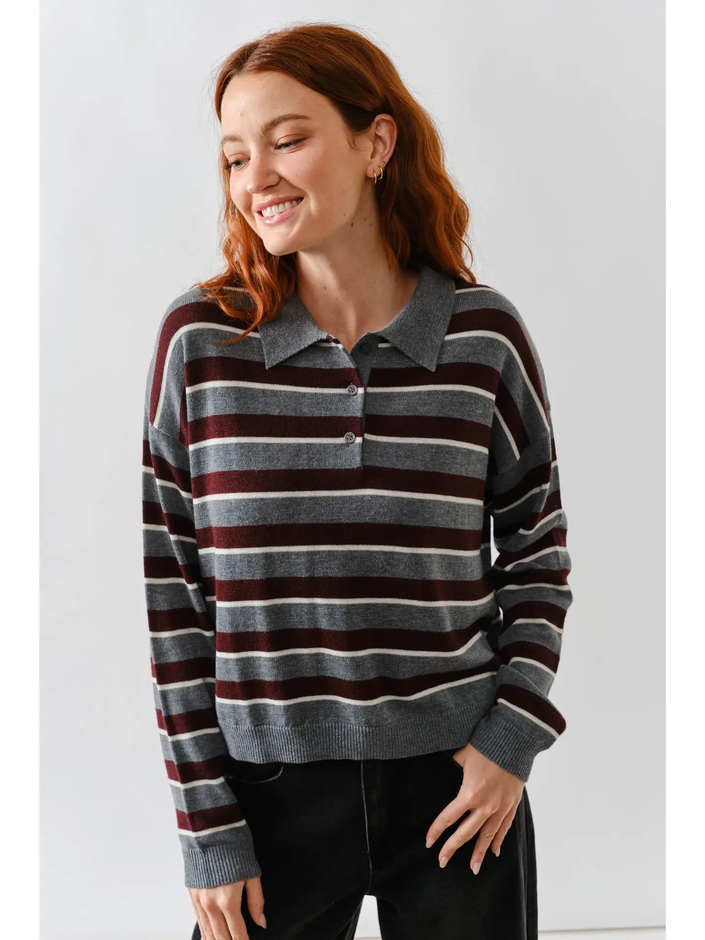 Grey & Burgundy Stripe Polo Sweater