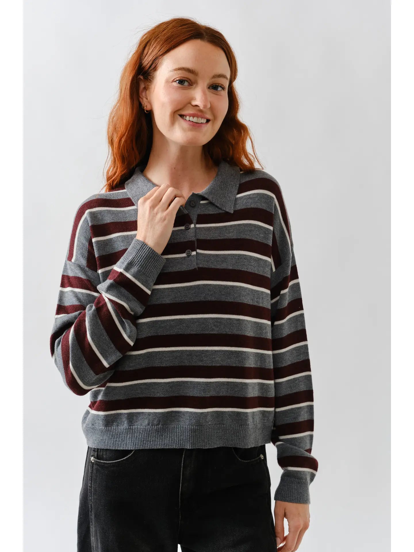 Grey & Burgundy Stripe Polo Sweater