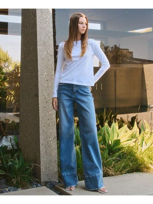 High Rise Raw Hem Wide A Line Jeans