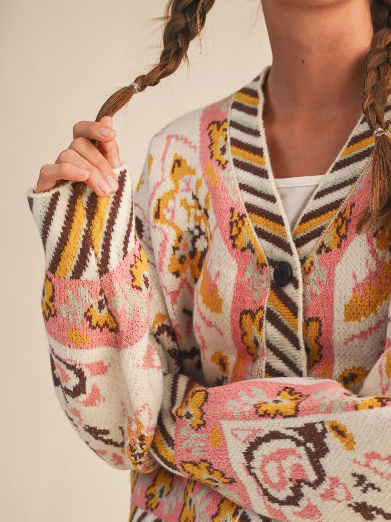 Ivory & Coral Paisley Knit Sweater Cardigan