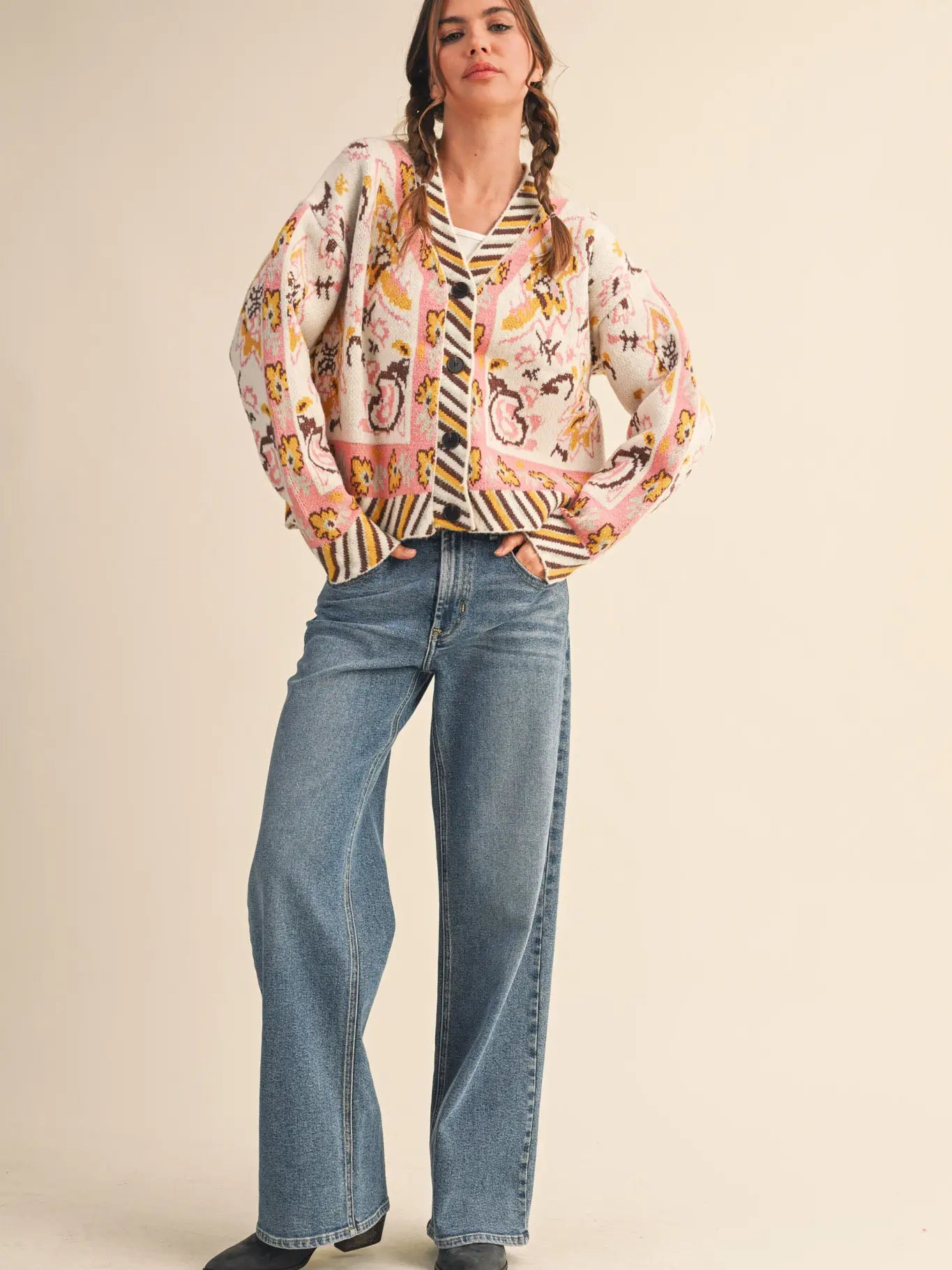 Ivory & Coral Paisley Knit Sweater Cardigan