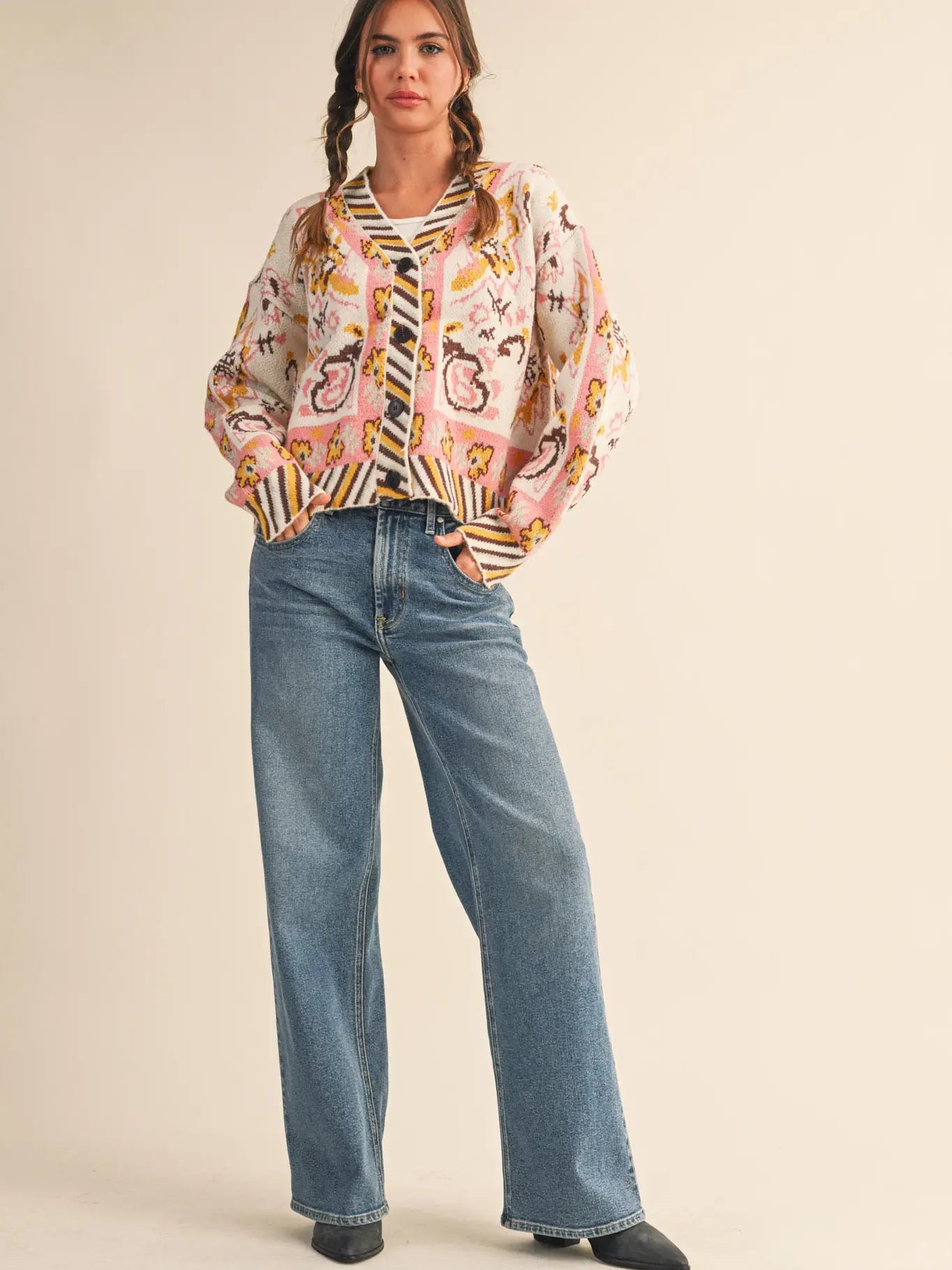 Ivory & Coral Paisley Knit Sweater Cardigan