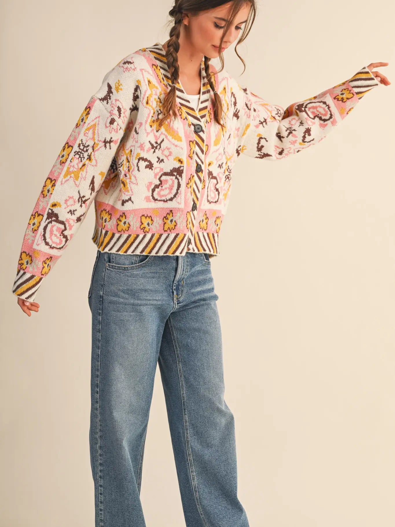Ivory & Coral Paisley Knit Sweater Cardigan