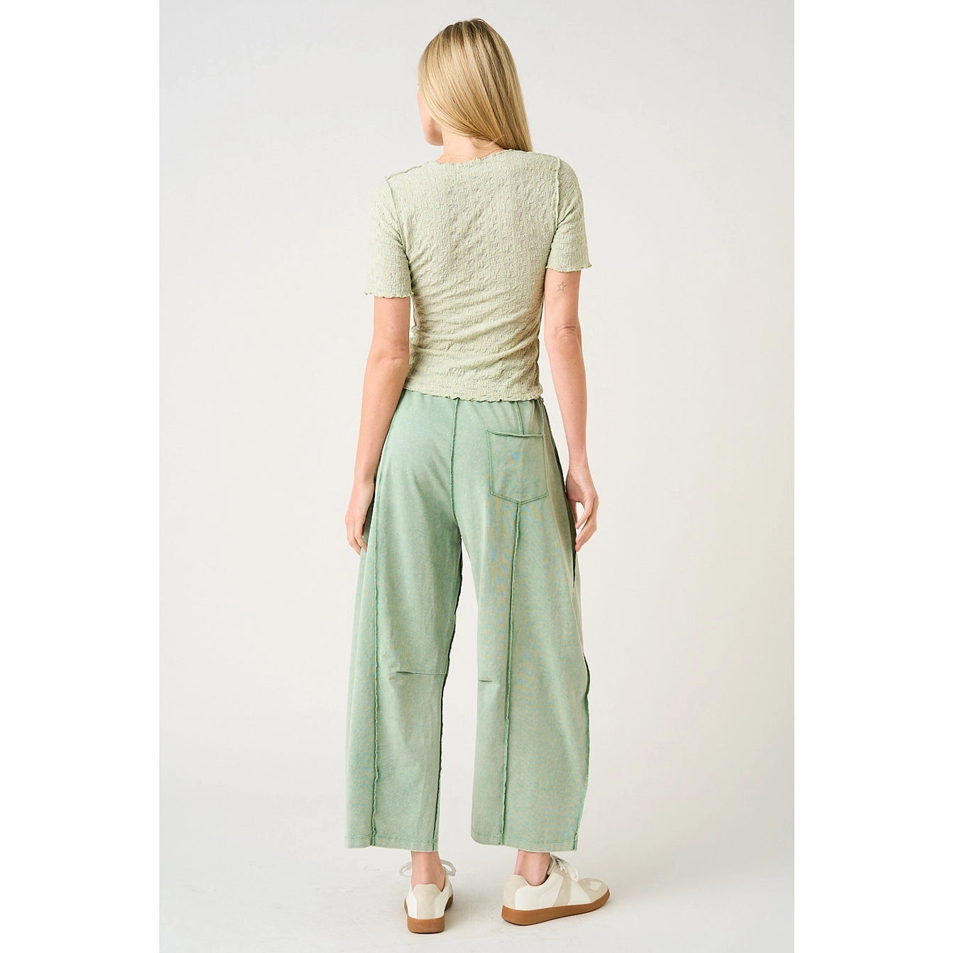 Jade Green Mineral Wash Seam Detail Pull On Barrel Pants