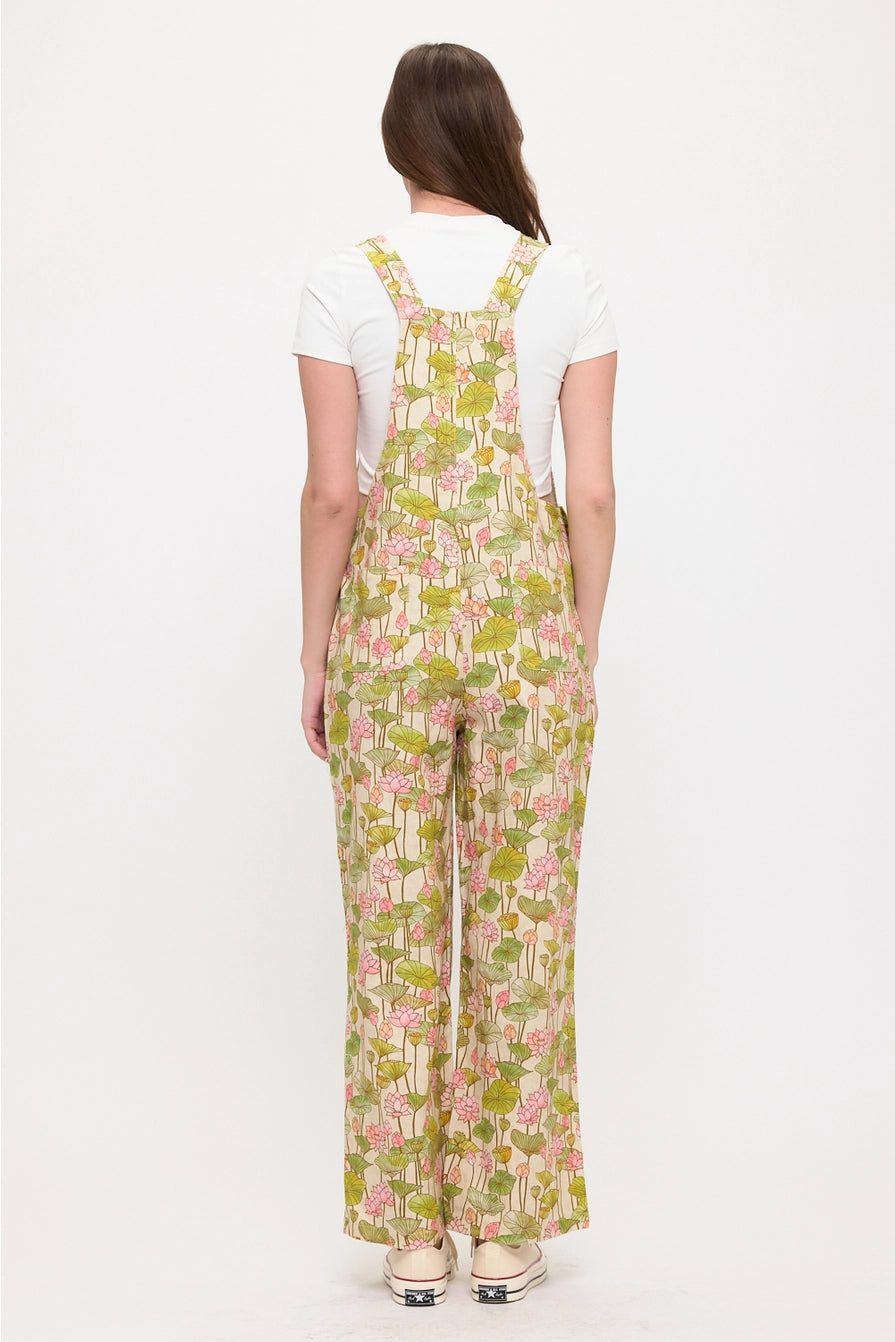 Lotus Flower and Lily Pads Print Overalls