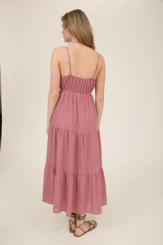 Mauve Stripe Tiered Midi Dress