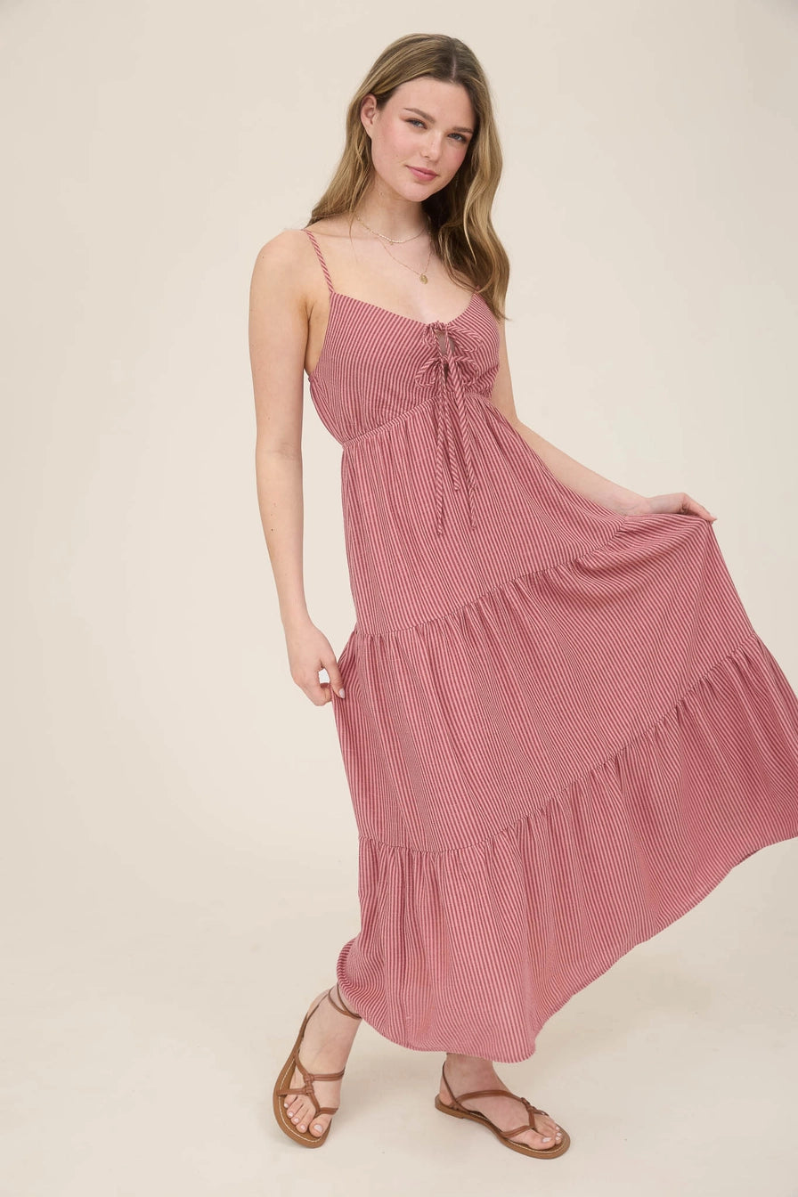 Mauve Stripe Tiered Midi Dress