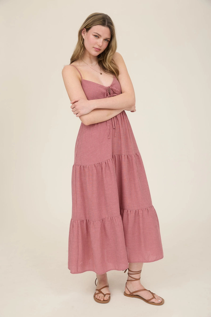 Mauve Stripe Tiered Midi Dress