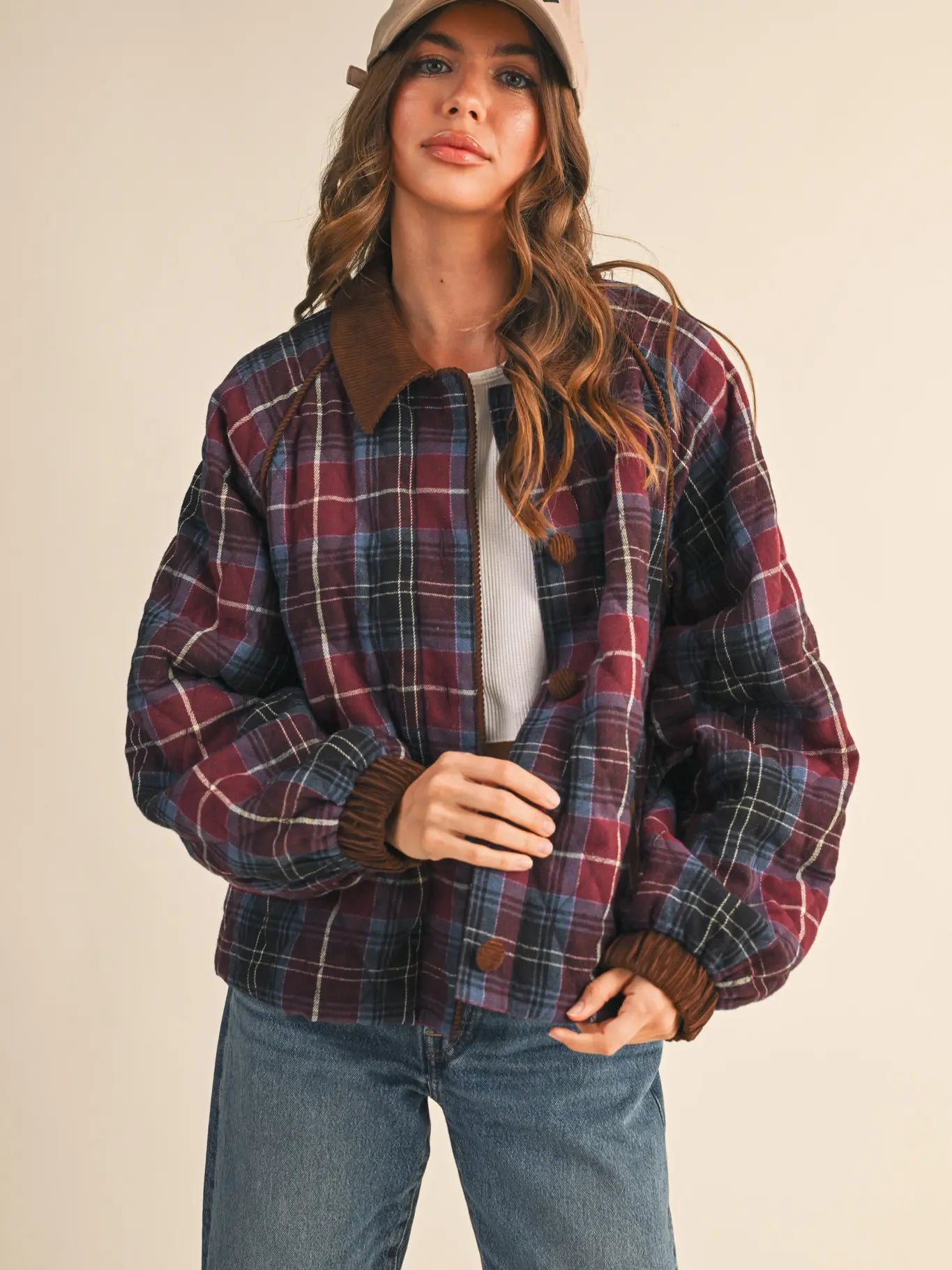 Mulberry Plaid Quilted Jacket with Contrast Corduroy Detail
