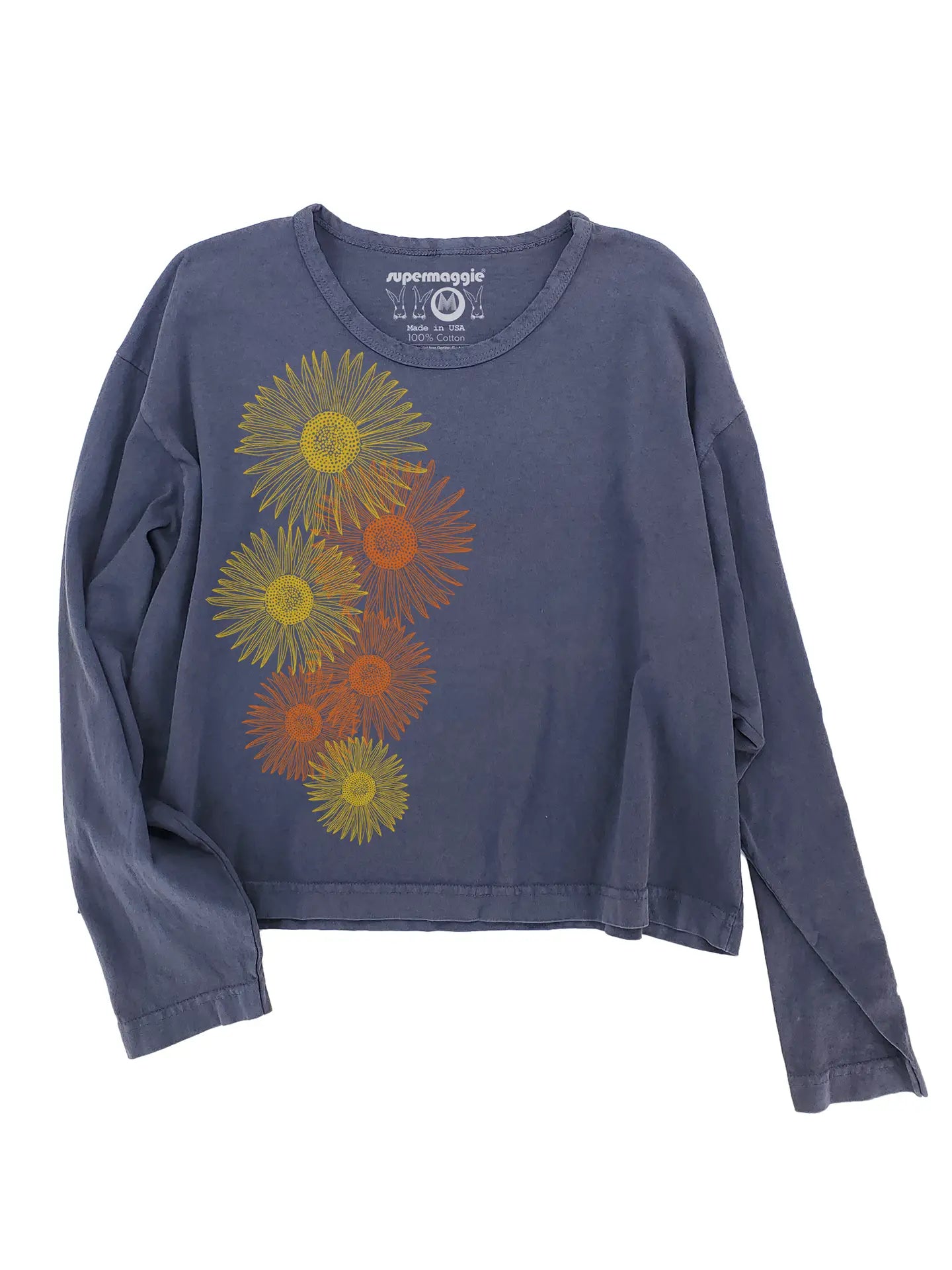 Off Black Sunflowers Lauren Long Sleeve Crop Tee by Supermaggie