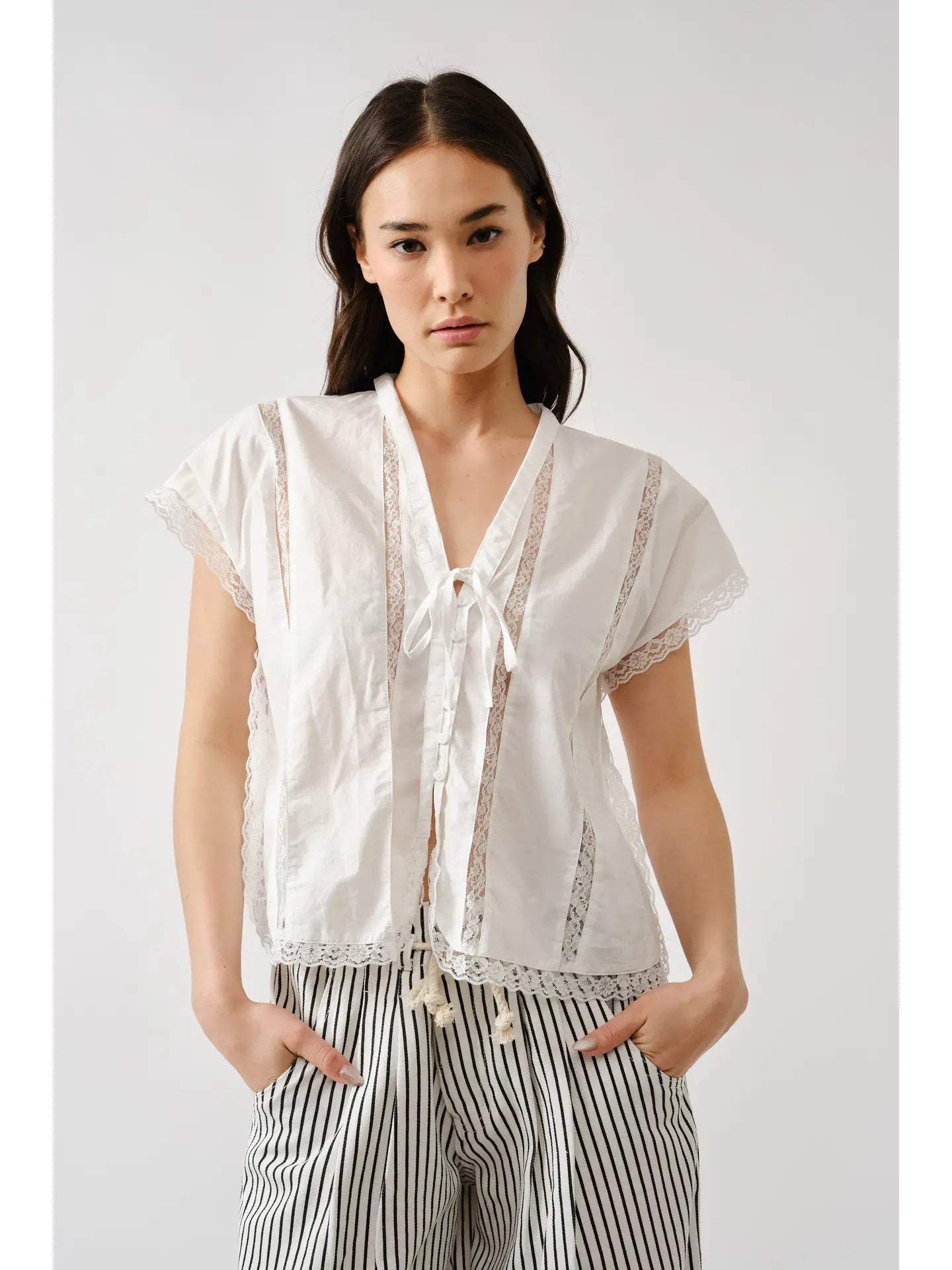 Off White Lace Insert Sleeveless Blouse