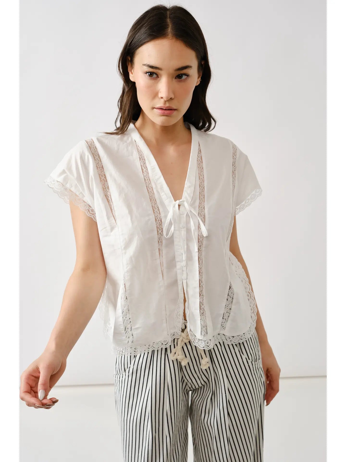 Off White Lace Insert Sleeveless Blouse