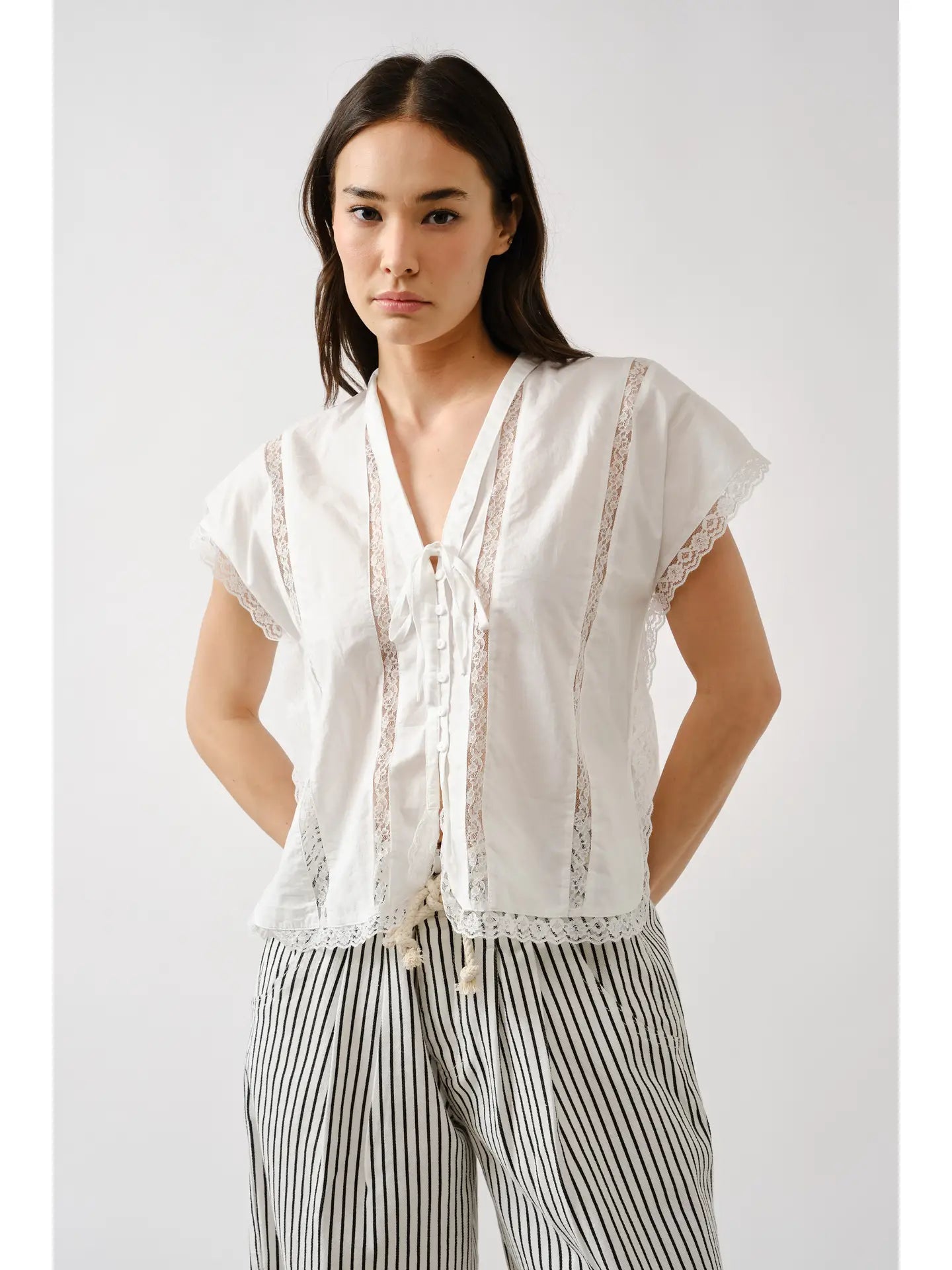 Off White Lace Insert Sleeveless Blouse