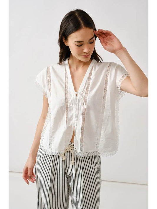 Off White Lace Insert Sleeveless Blouse