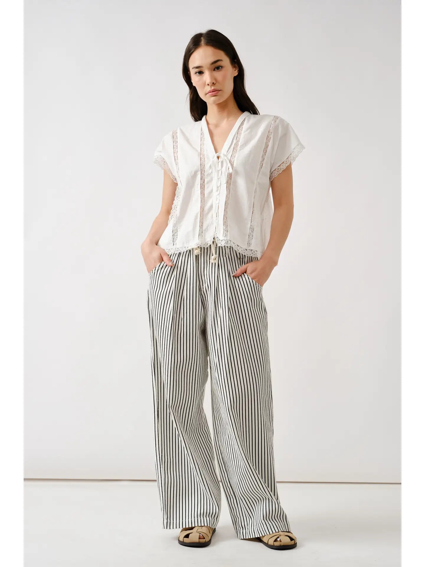Off White Lace Insert Sleeveless Blouse