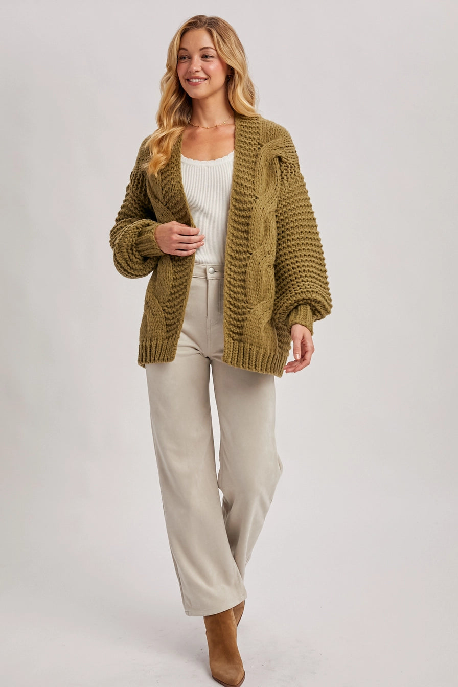 Olive Chunky Cable Knit Sweater Cardigan