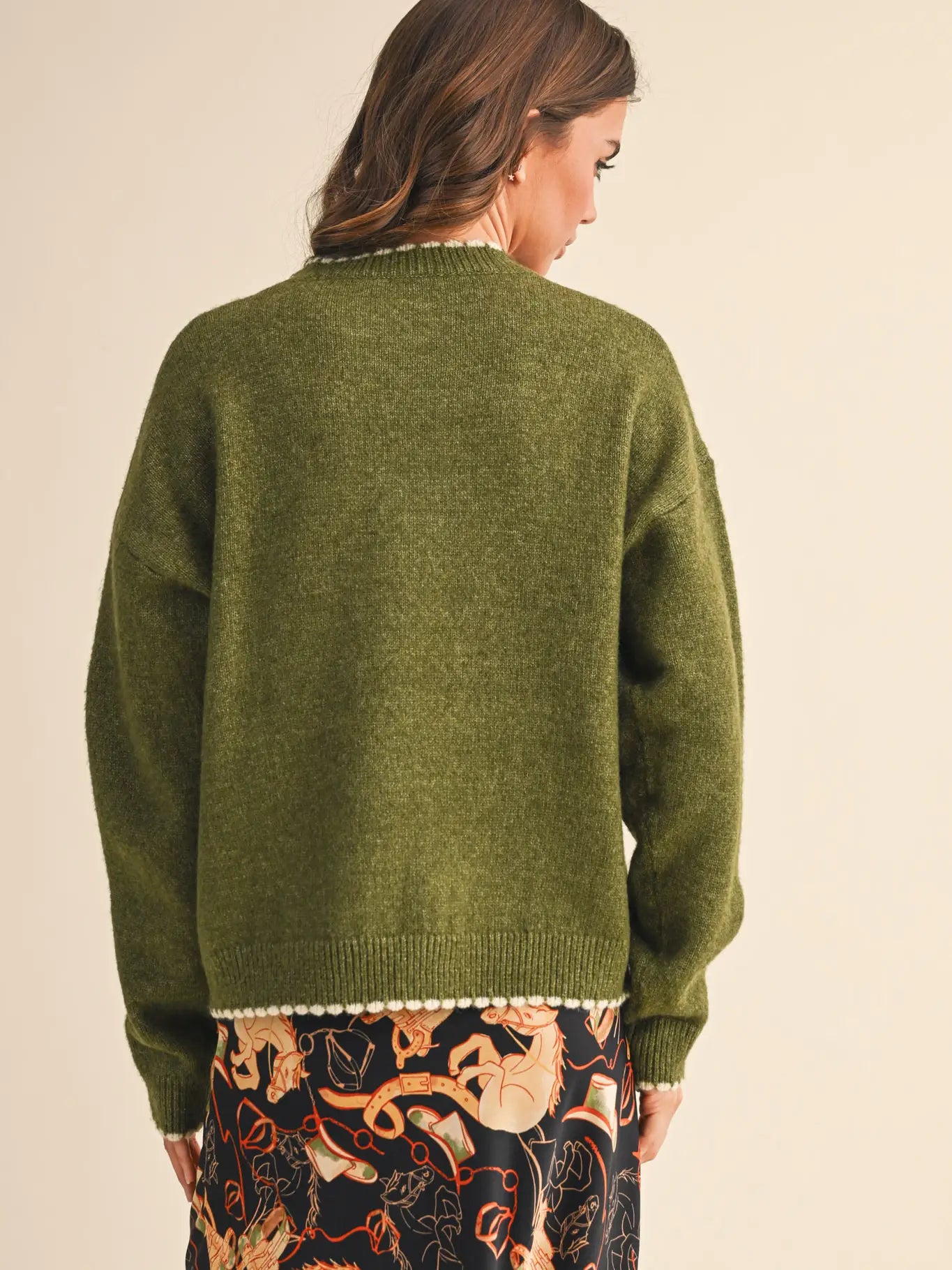 Olive Contrast Knit Scalloped Edge Sweater