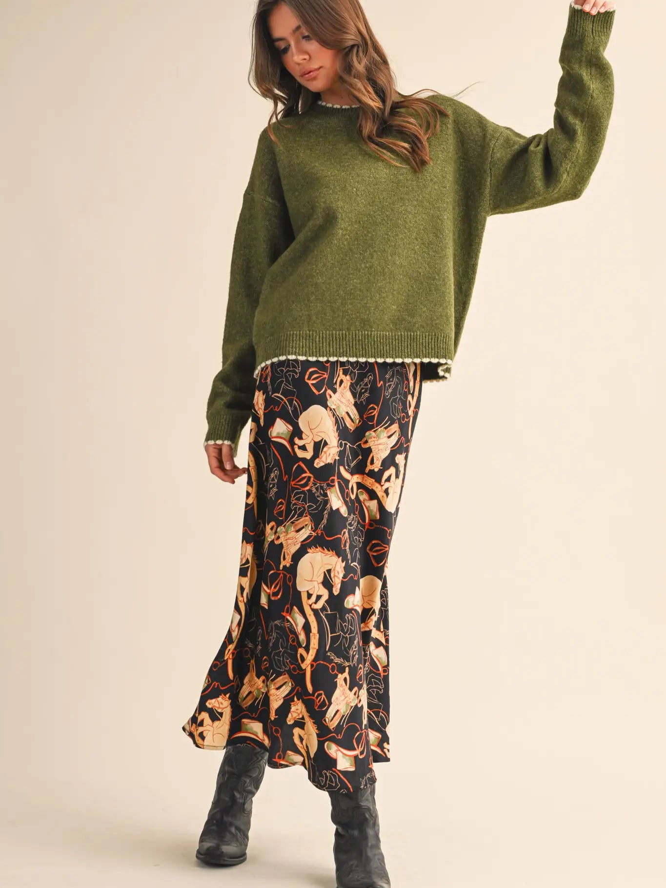 Olive Contrast Knit Scalloped Edge Sweater