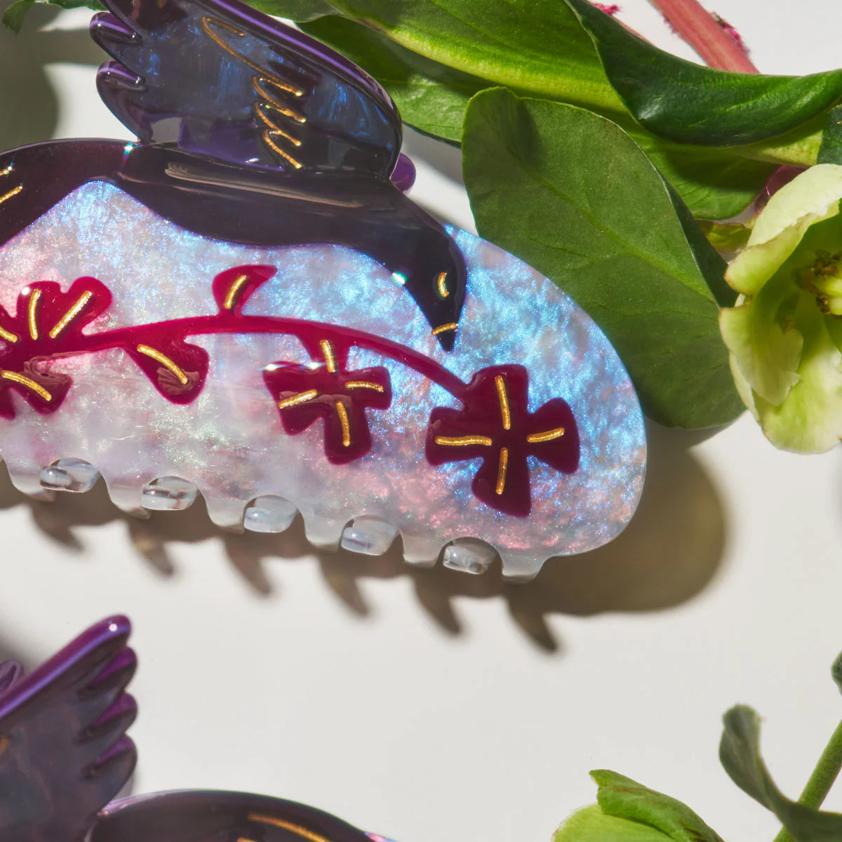 Oxalis Purple Clovers and Black Bird Hair Claw