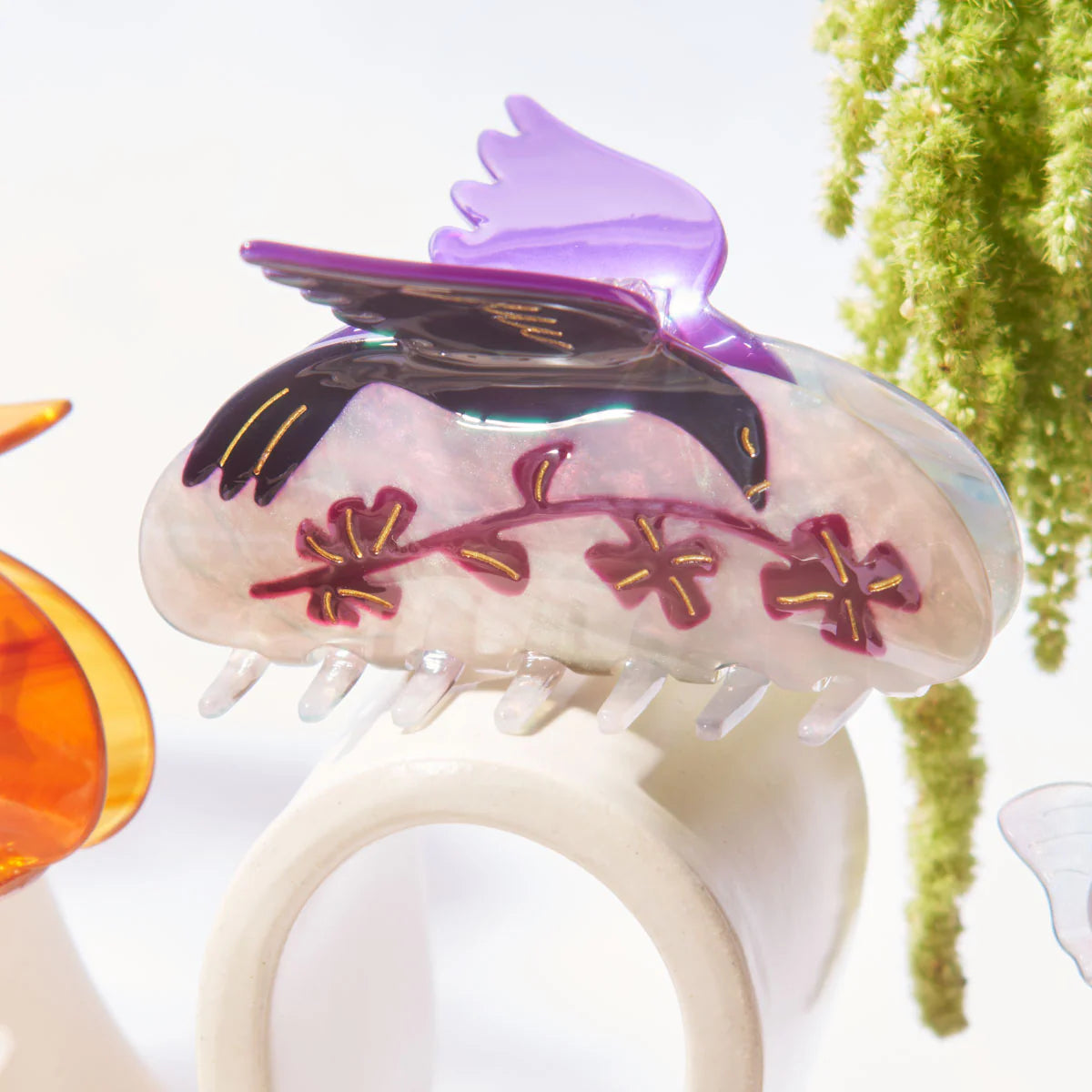 Oxalis Purple Clovers and Black Bird Hair Claw