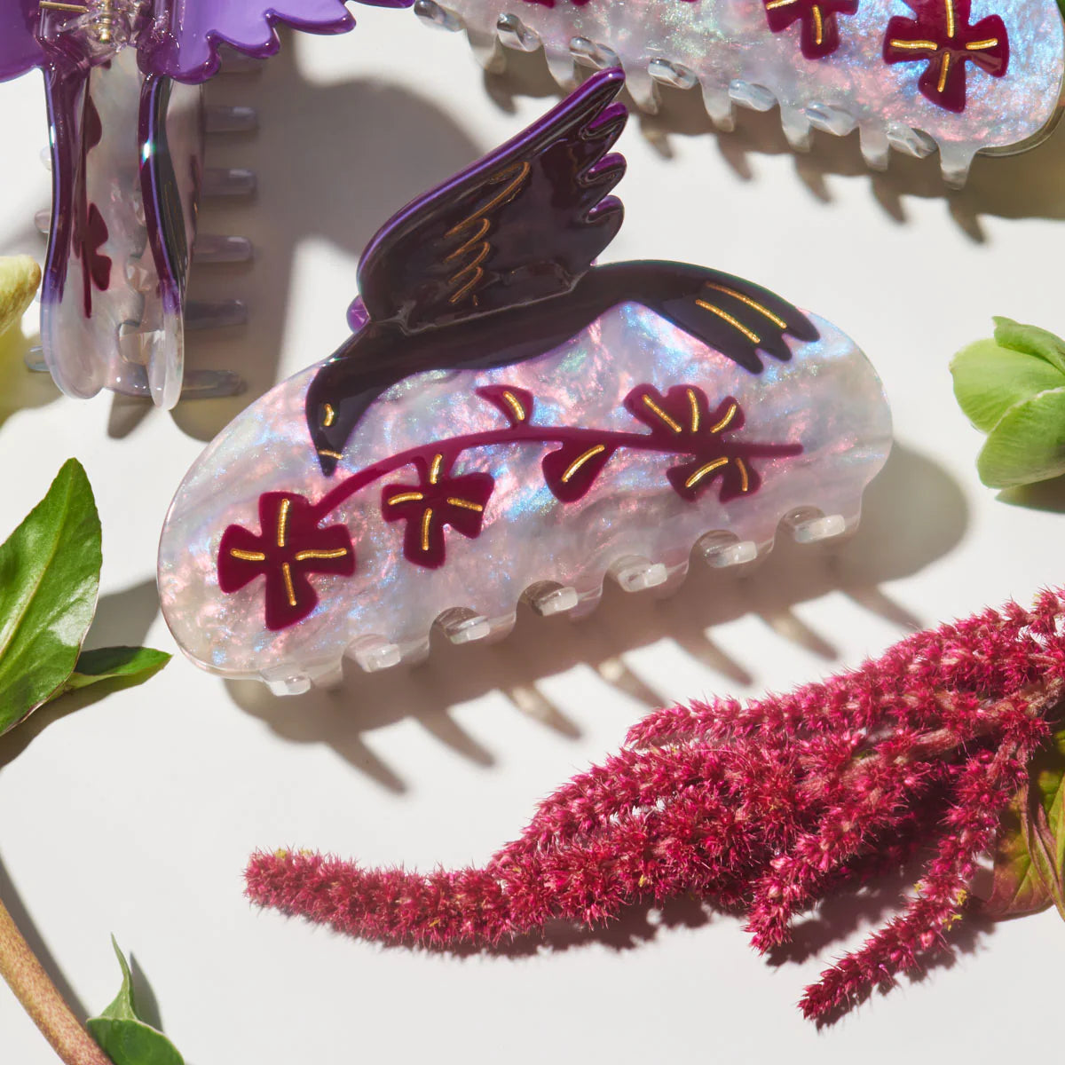 Oxalis Purple Clovers and Black Bird Hair Claw