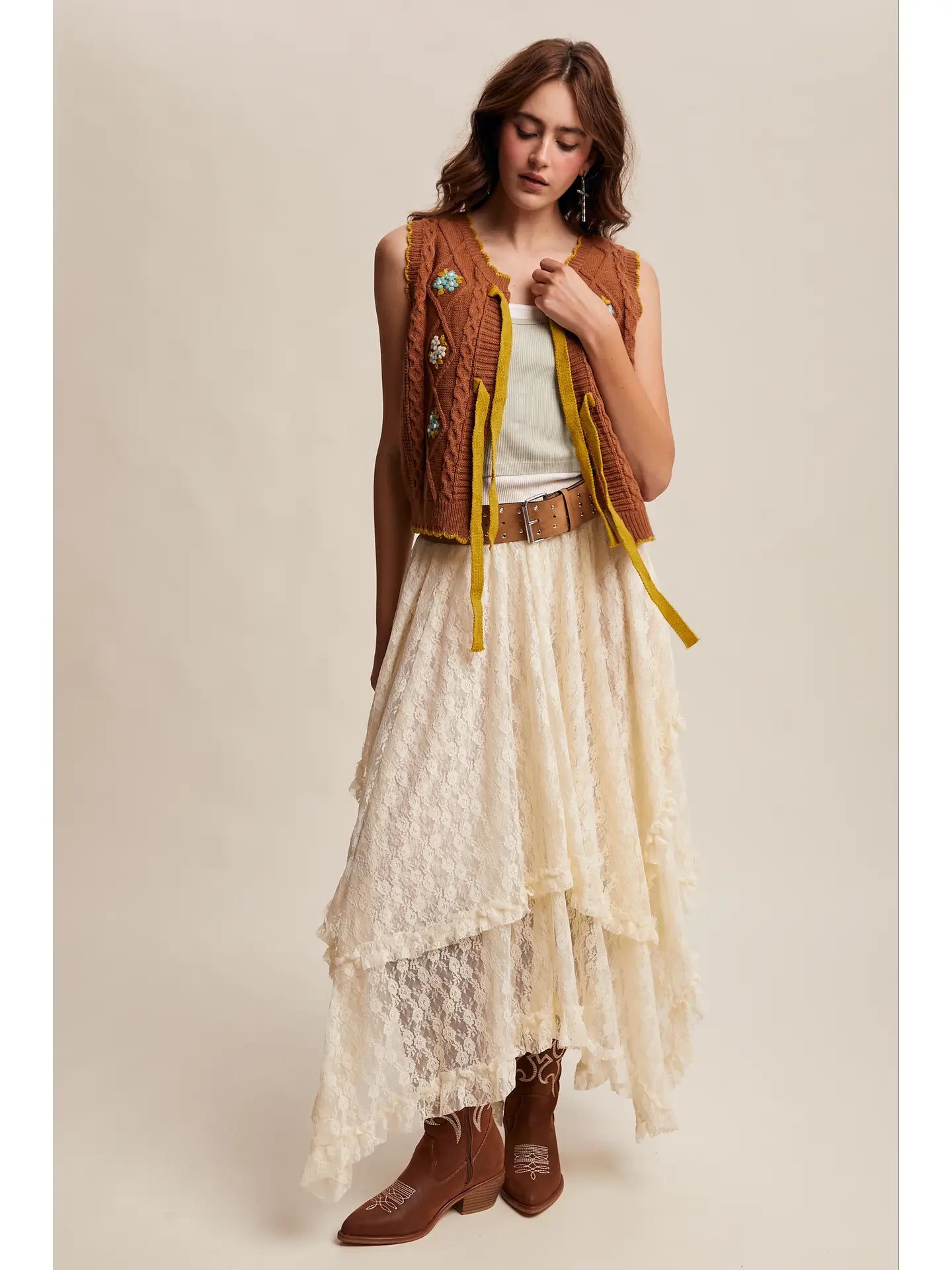 Pecan Bow-Tie Floral Knit Vest