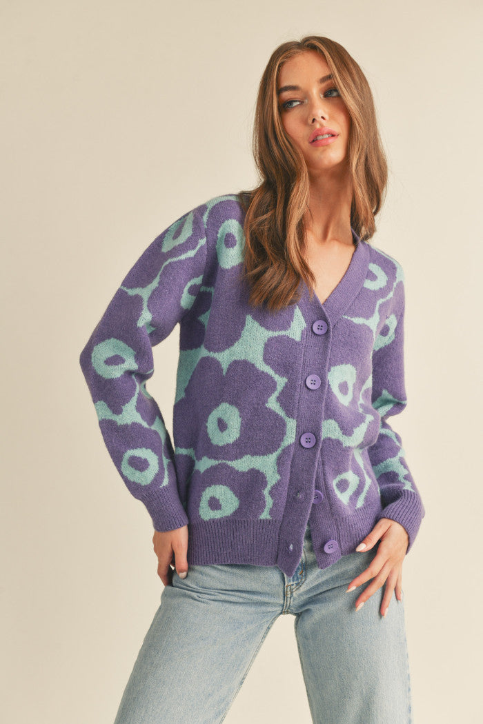 Purple & Sage Abstract Floral Cardigan