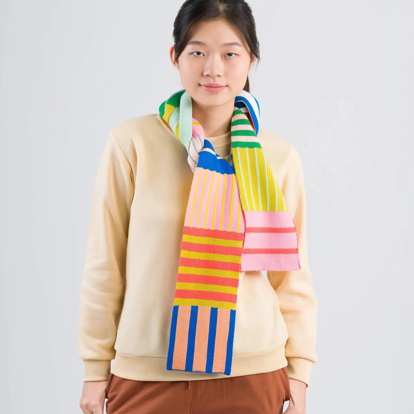 Rainbow Patchwork Stripe Skinny Scarf