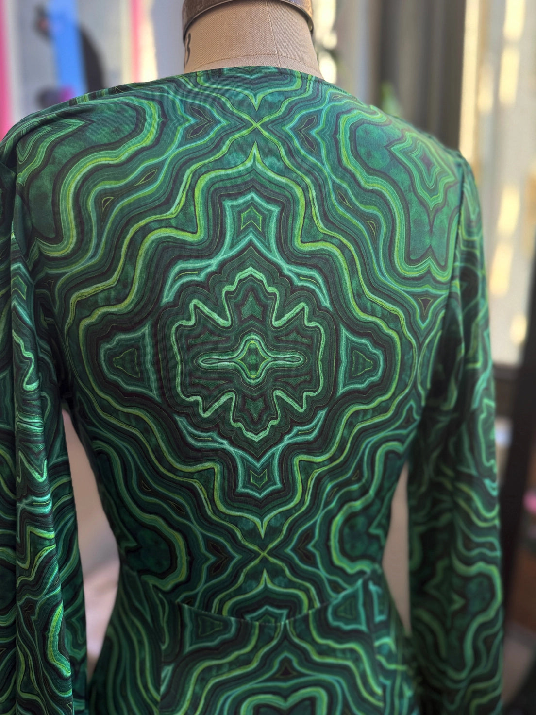 Raquel Maxi Dress with Bishop Sleeves in Malachite Kaleidoscope by Wax Poetic