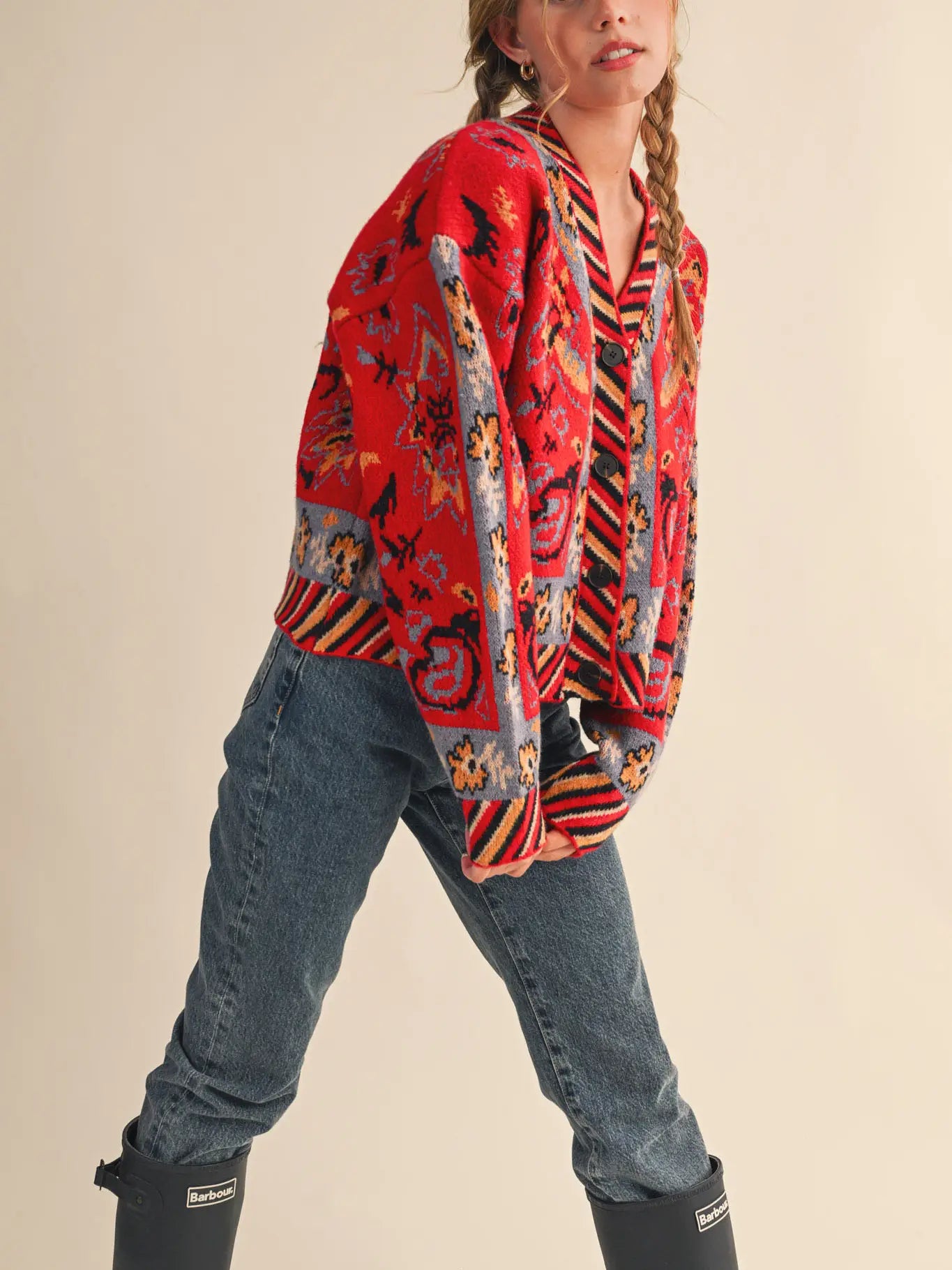 Red Multi Paisley Knit Sweater Cardigan