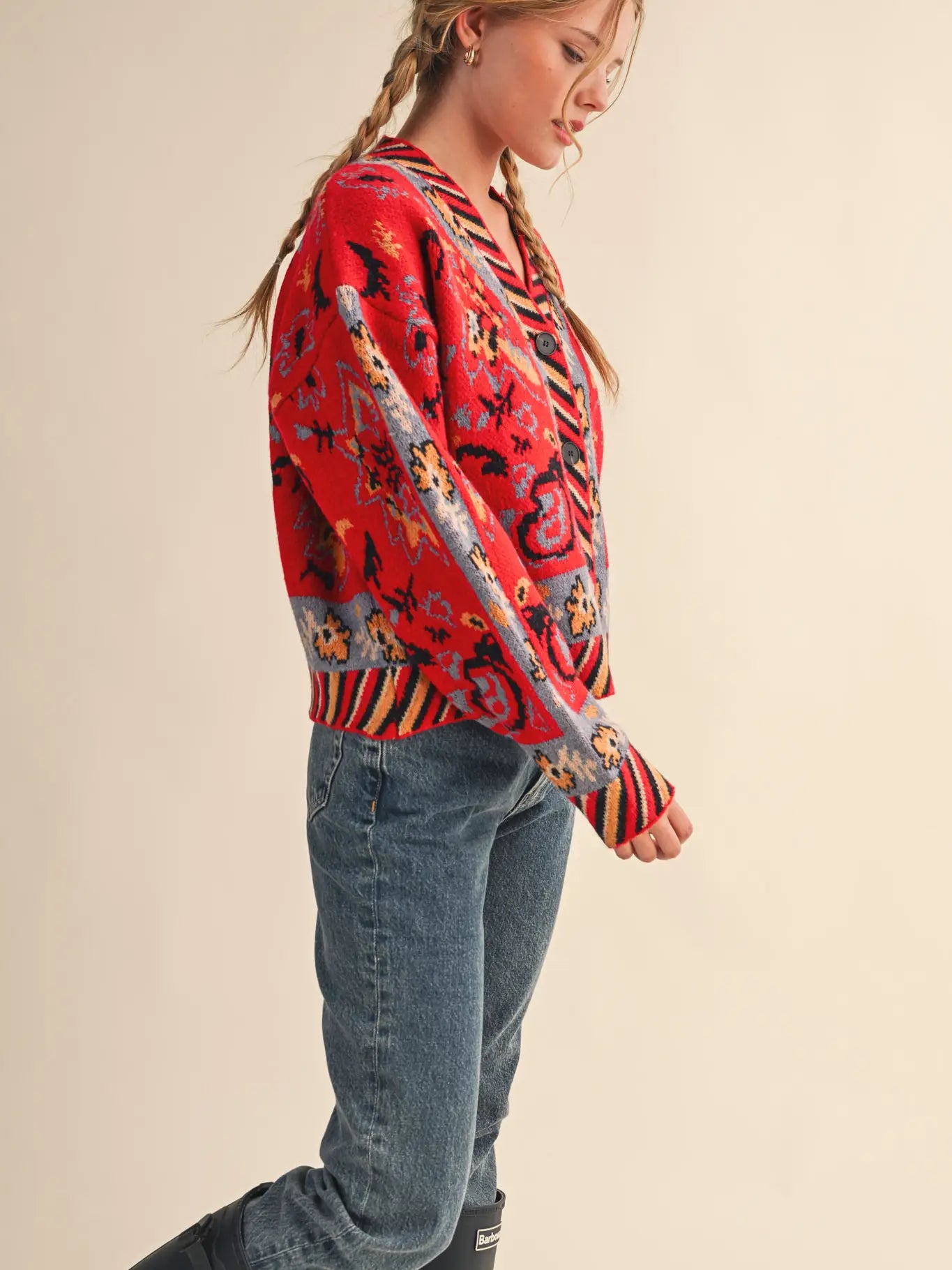 Red Multi Paisley Knit Sweater Cardigan