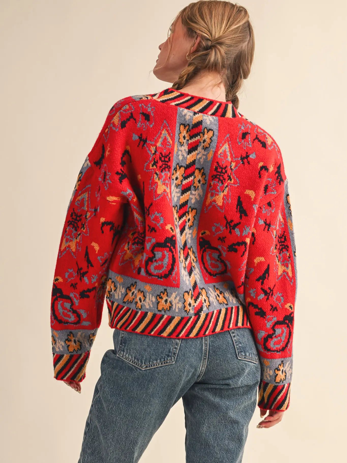Red Multi Paisley Knit Sweater Cardigan