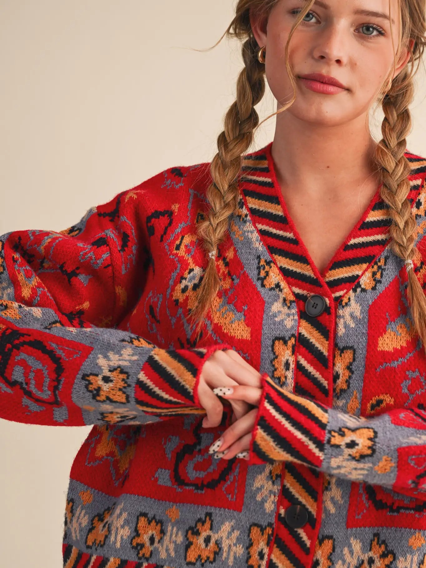 Red Multi Paisley Knit Sweater Cardigan
