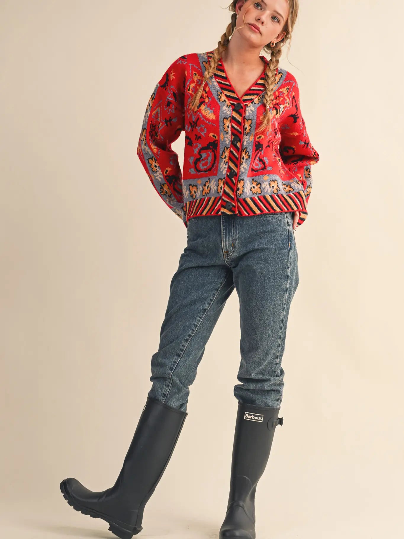 Red Multi Paisley Knit Sweater Cardigan