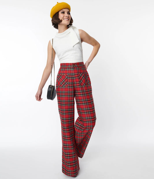 Red Plaid Wide Leg Trousers