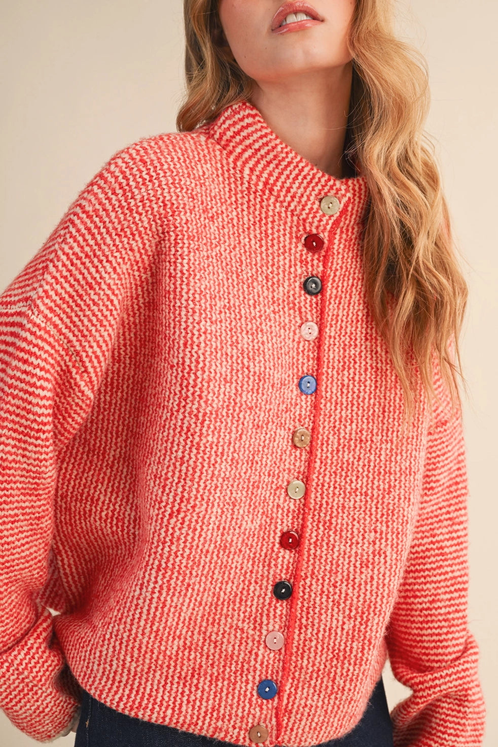 Red & Ivory Striped Cardigan with Colorful Buttons