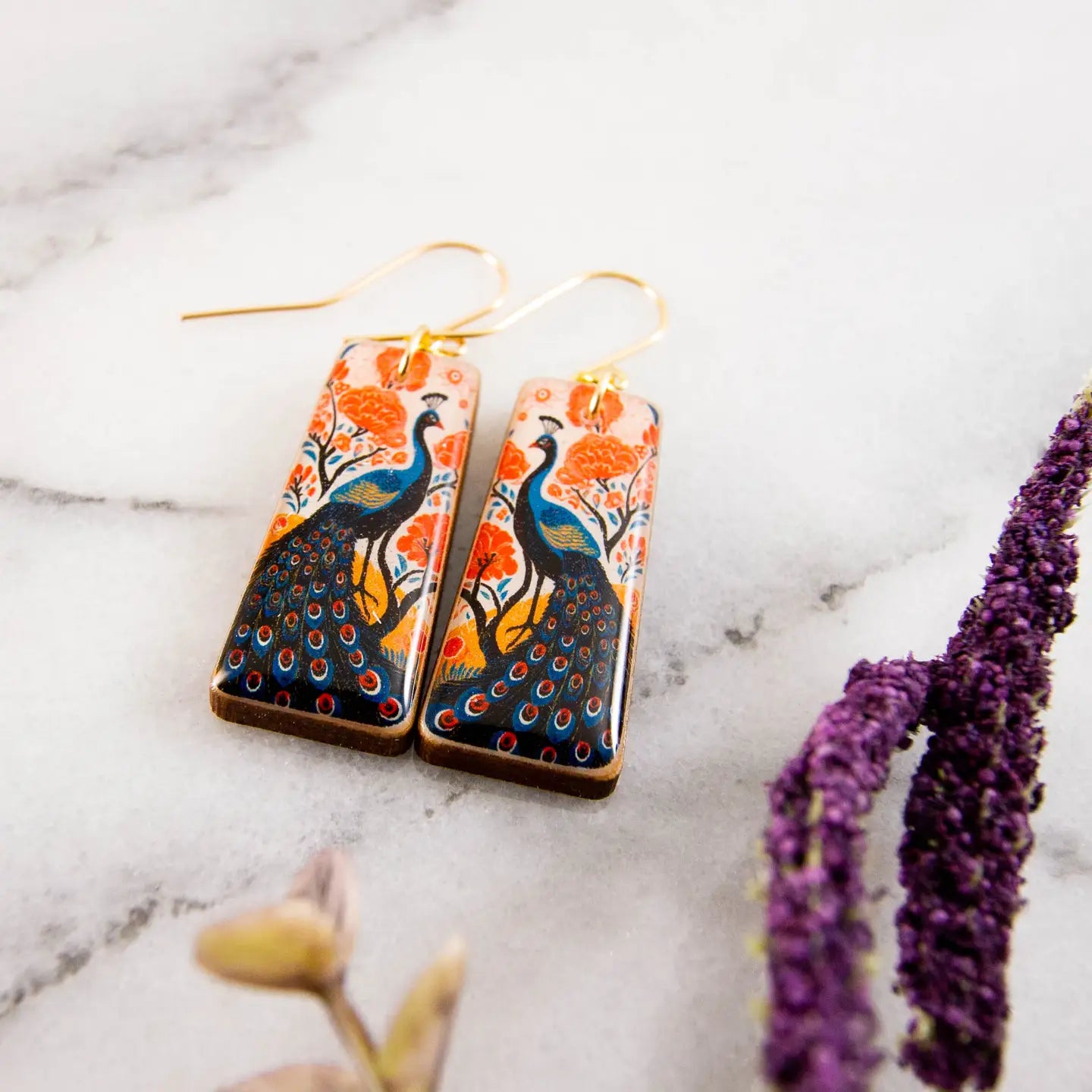 Retro Peacock Garden Tapered Rectangle Earrings