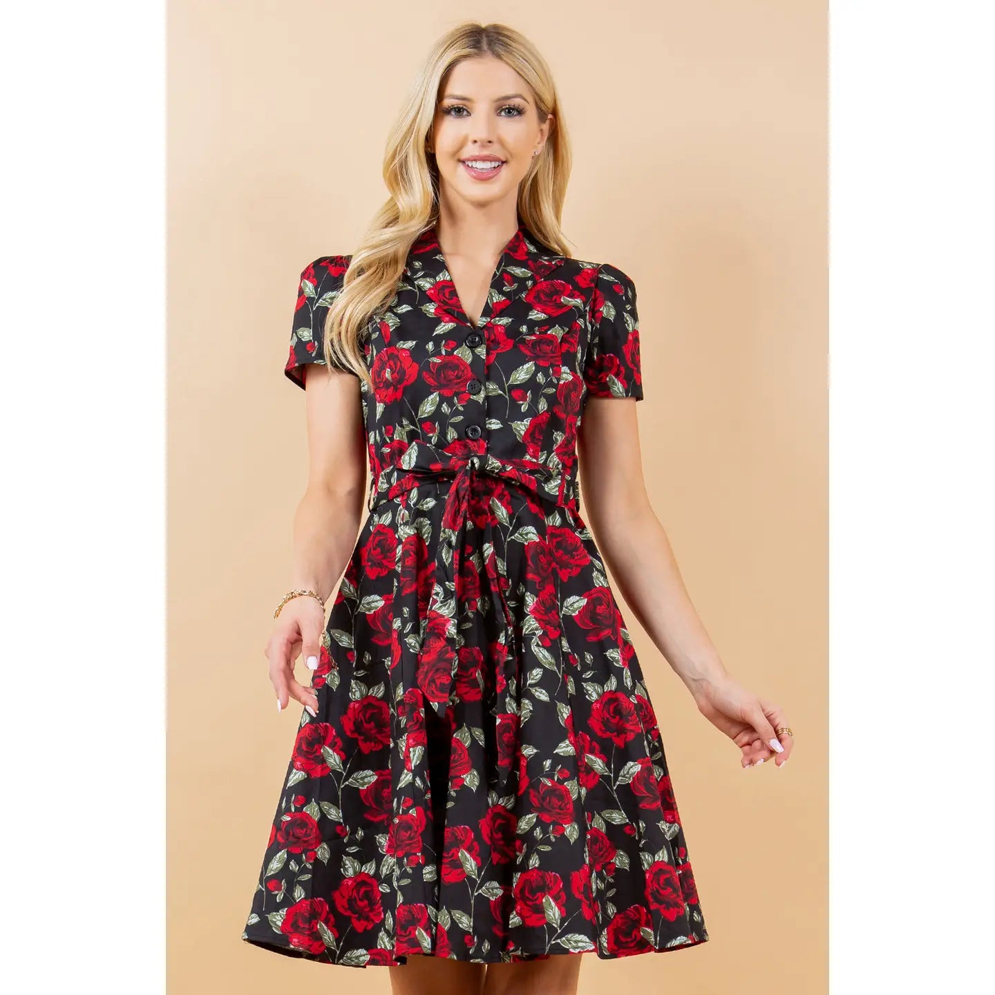 Retro Rose Print Fit & Flare Dress