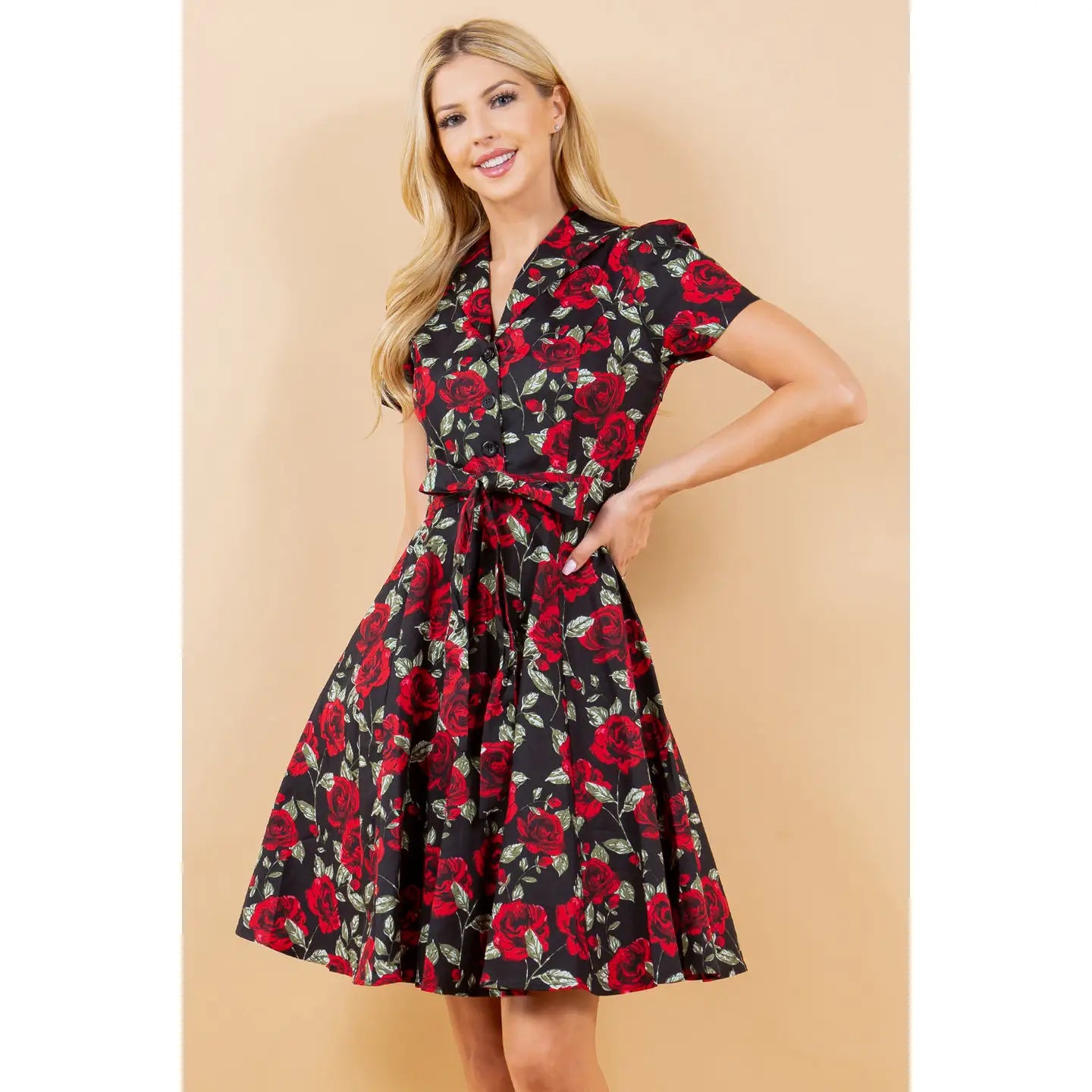 Retro Rose Print Fit & Flare Dress