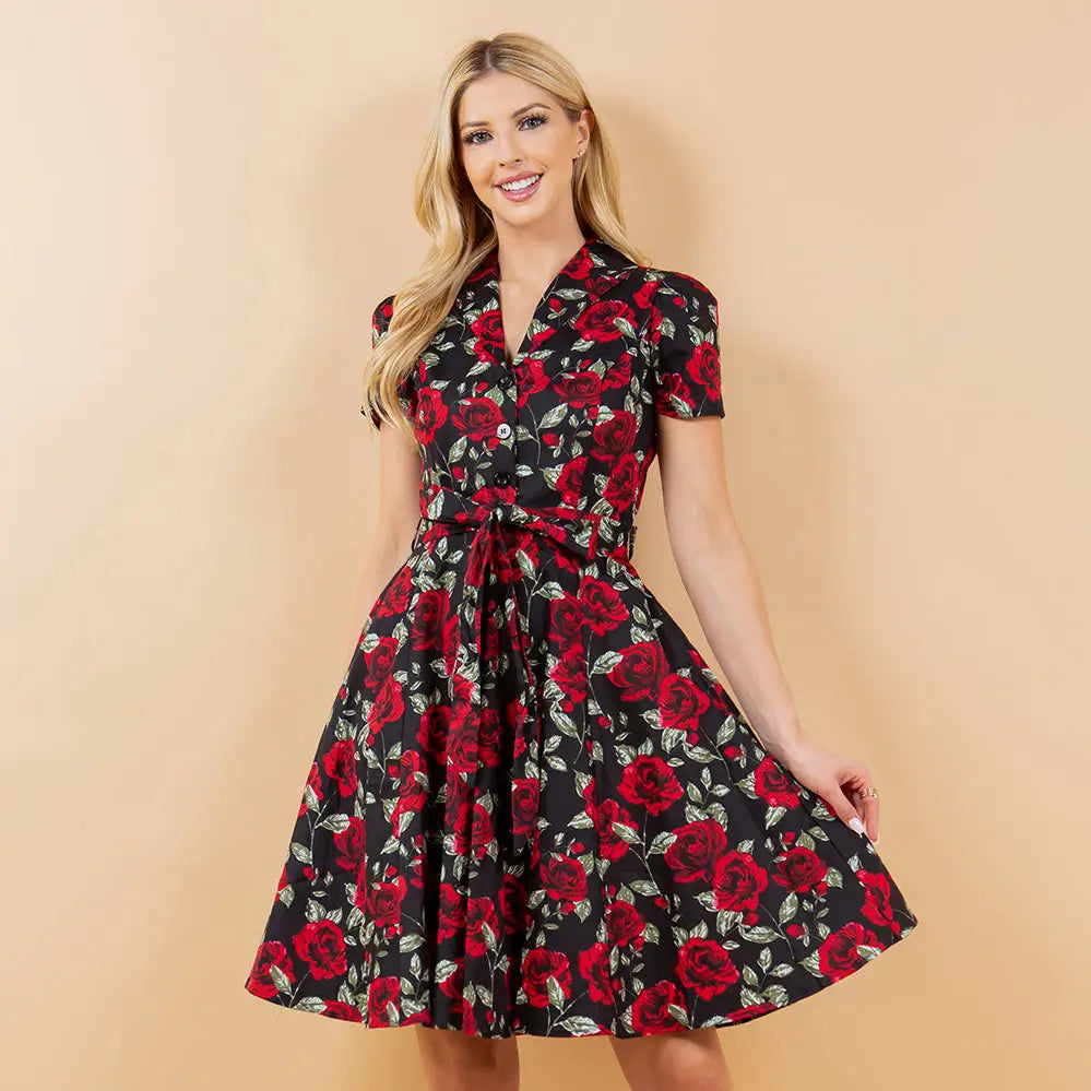 Retro Rose Print Fit & Flare Dress