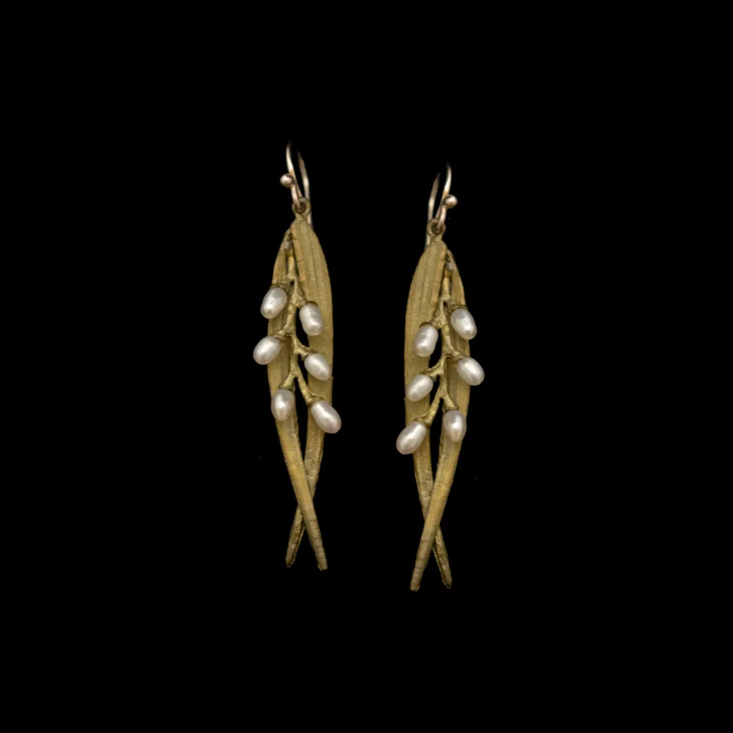 Rice Double Leaf Pearl Wire Earrings
