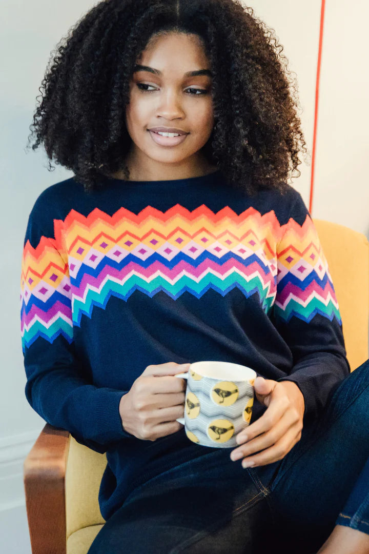 Navy jumper top with rainbow stripe