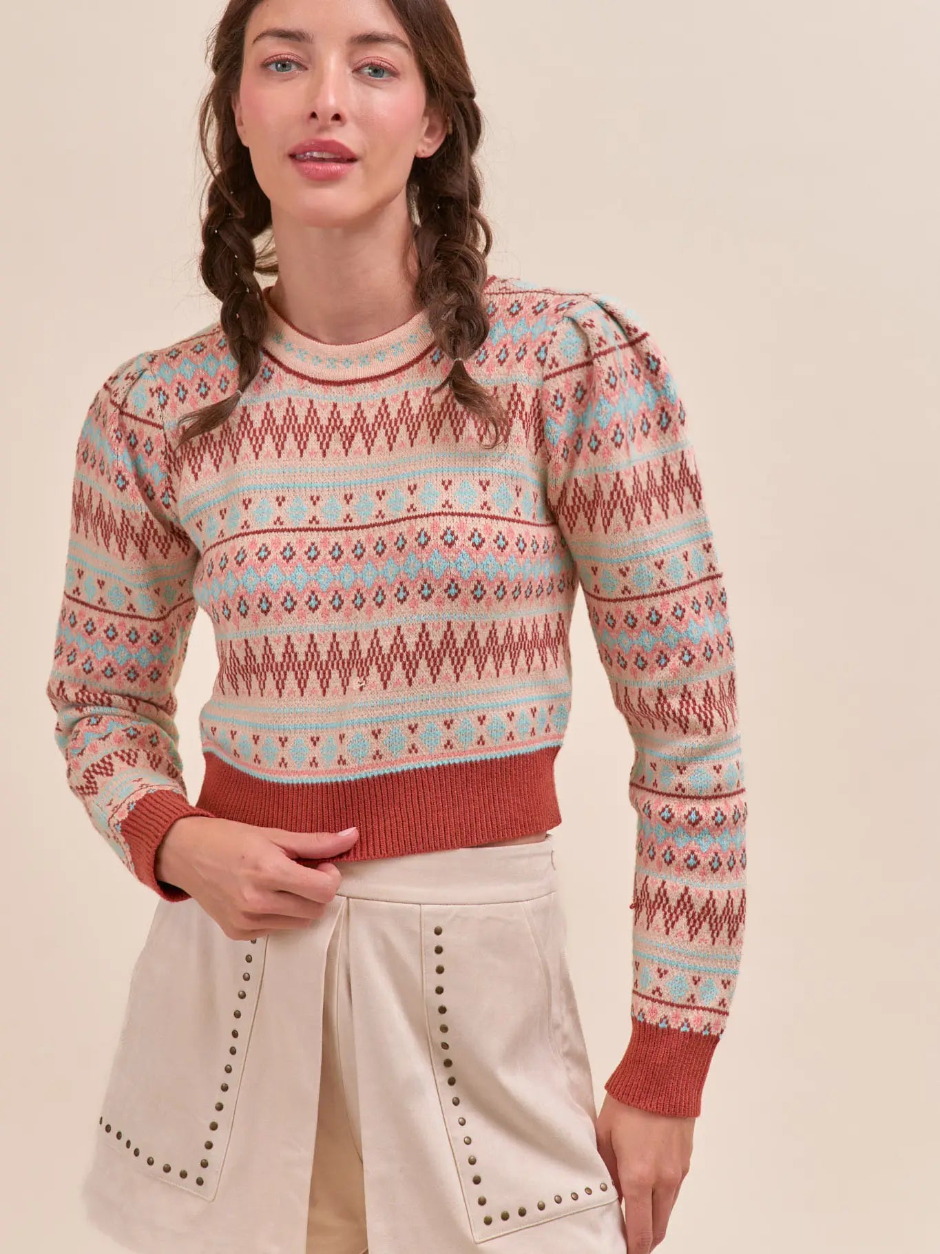 Sand & Aqua Fair Isle Cropped Sweater