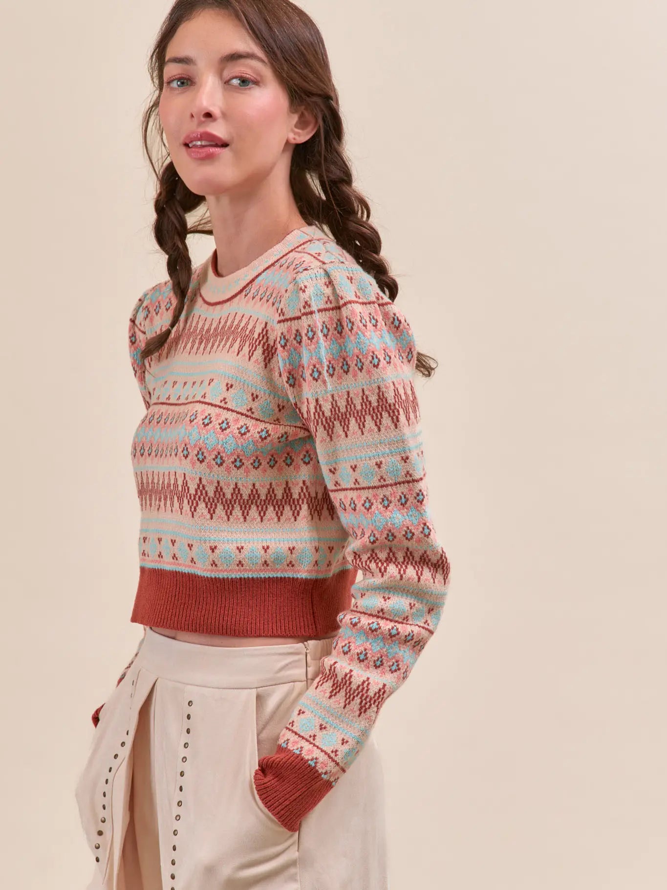 Sand & Aqua Fair Isle Cropped Sweater